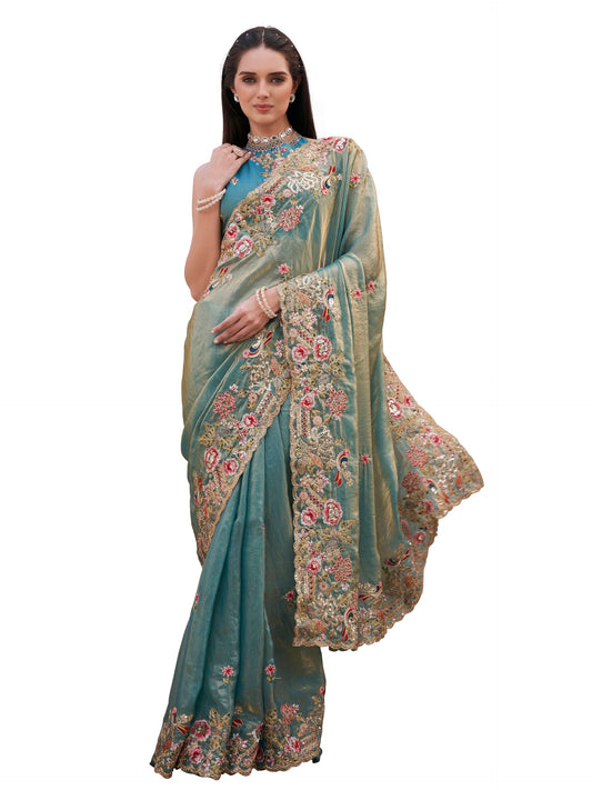 Womanista Women's Two tone blue and gold colored saree with sequinned embroidery border(TI7039A_Blue_Onesize)