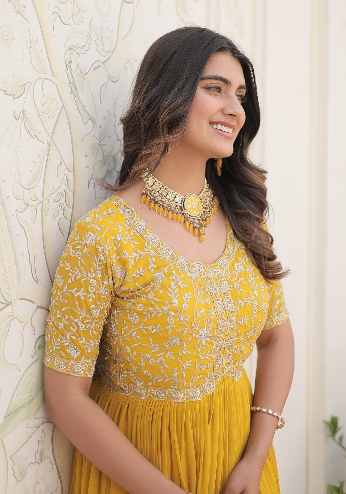 Fashion Basket Red Georgette Embroidered Anarkali Kurta Set for Women (in, Alpha, XL, Regular, Yellow)