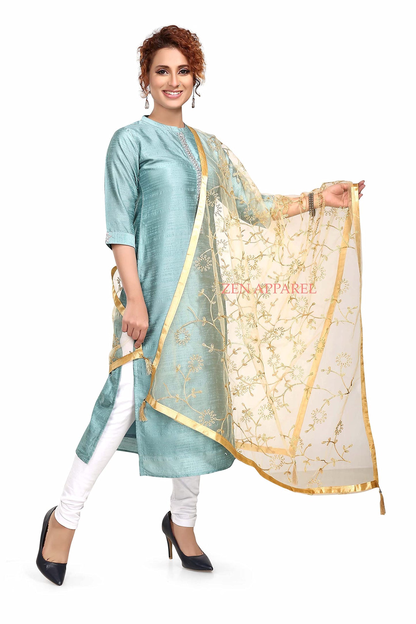 ZEN APPAREL Women's Embroidered Golden Net Dupatta With Lace Borders (Gold Z-101) (Gold)