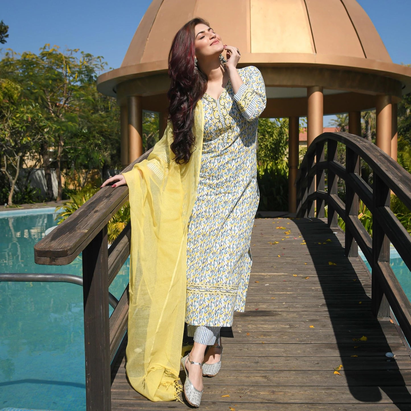 Royal Export Women's White Color Cotton Printed Straight Kurti Palazzo Pants Set Salwar Suit Set (Small, White Yellow)
