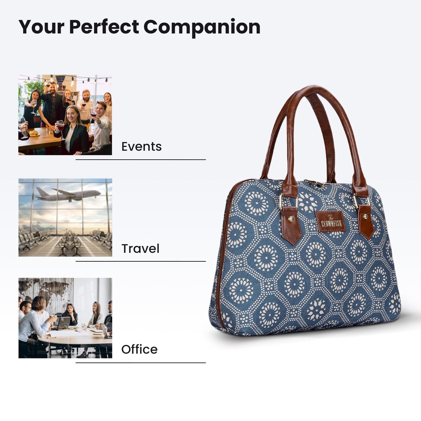 THE CLOWNFISH Montana Series Printed Handicraft Fabric & Faux leather Handbag for Women Office Bag Ladies Purse Shoulder Bag Tote For Women College Girls (Cerulean Blue)