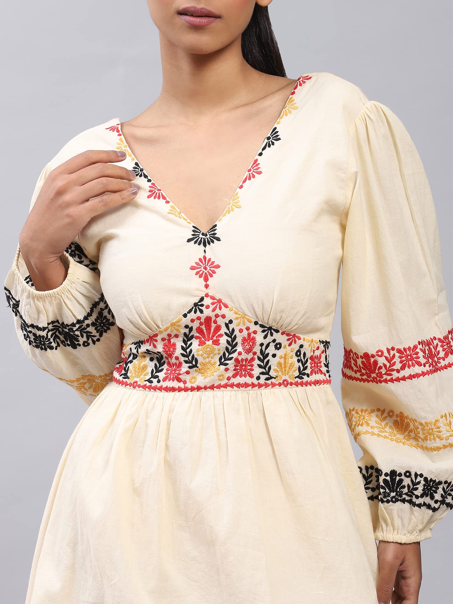 Label RITU KUMAR Women Cotton V Neck Full Sleeve Embroidered Short Casual Dress White