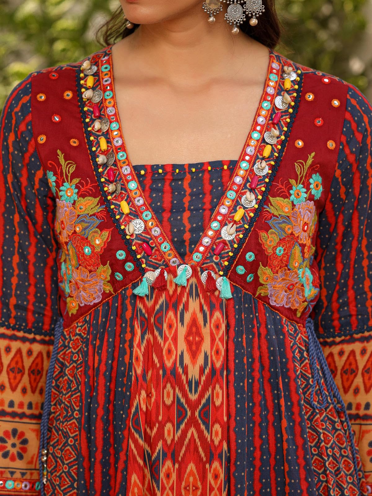 Juniper Rust Pure Cotton Ikat Printed Alia Cut Anarkali Kurta Set With Tassels & Thread Embroidery