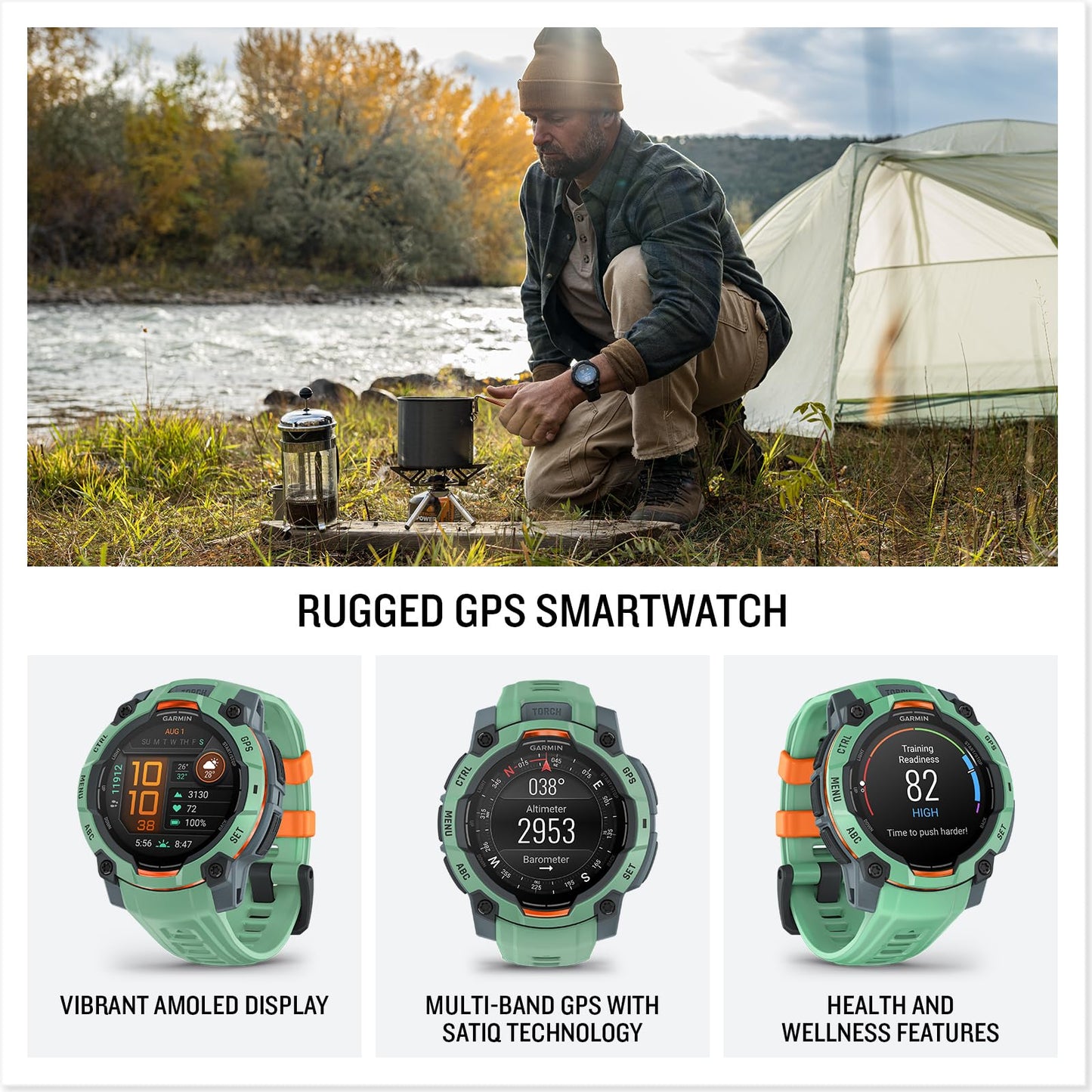 Garmin Instinct® 3 45mm, AMOLED Display, Rugged Outdoor GPS Smartwatch, Metal-Reinforced Bezel, Built-in Flashlight, Up to 18 Days of Battery Life, Neo Tropic