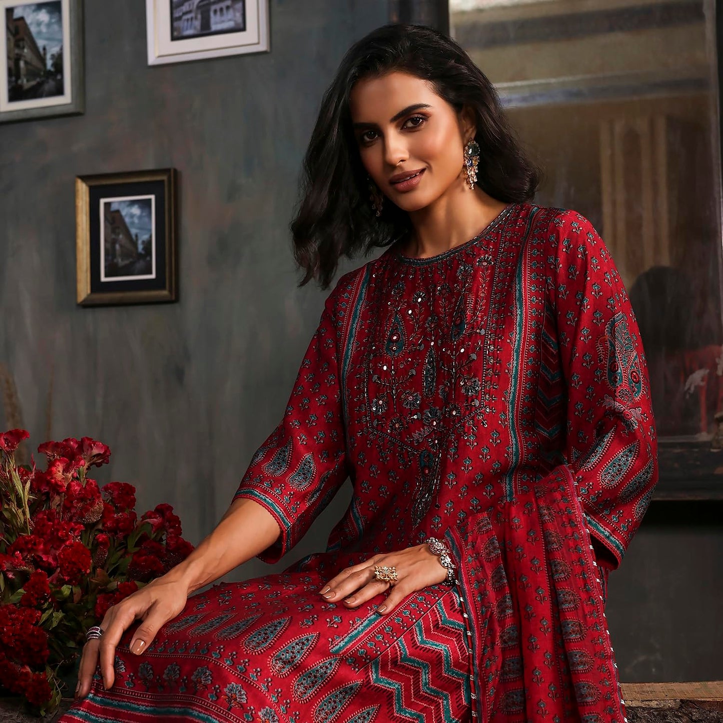 Biba Women Red Viscose Straight Printed Kurta Set_42