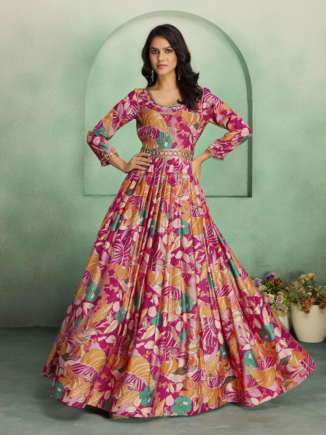 madhuram textiles Women's vetican Print with Hand Embroidery Work Anarkali Long Gown(M-2544 Pink_Medium)