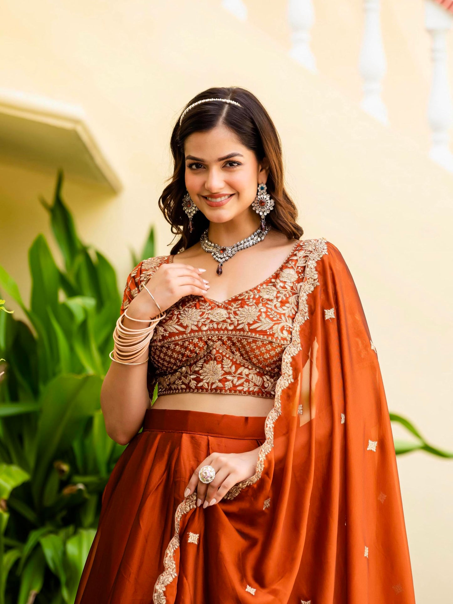 JIHU CULTURE Orange Silk Zari Sequence Embroidery Work Semi Sttiched Lehenga Choli For Women's.