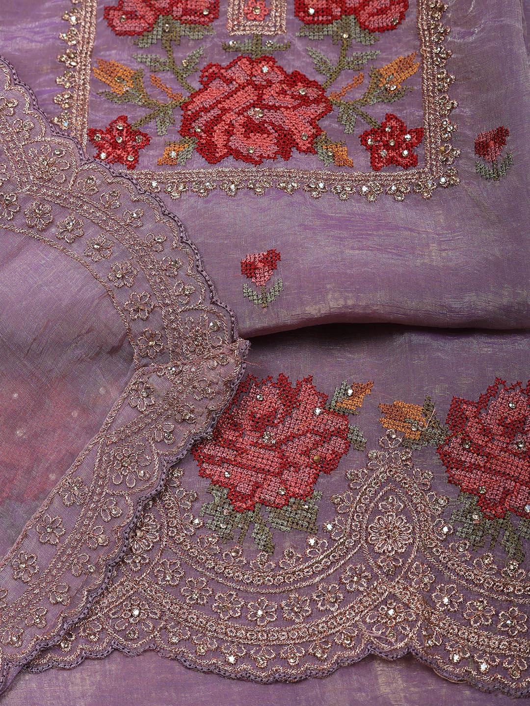 Meena Bazaar Purple Embroidered Tissue Unstitched Suit With Pant & Dupatta