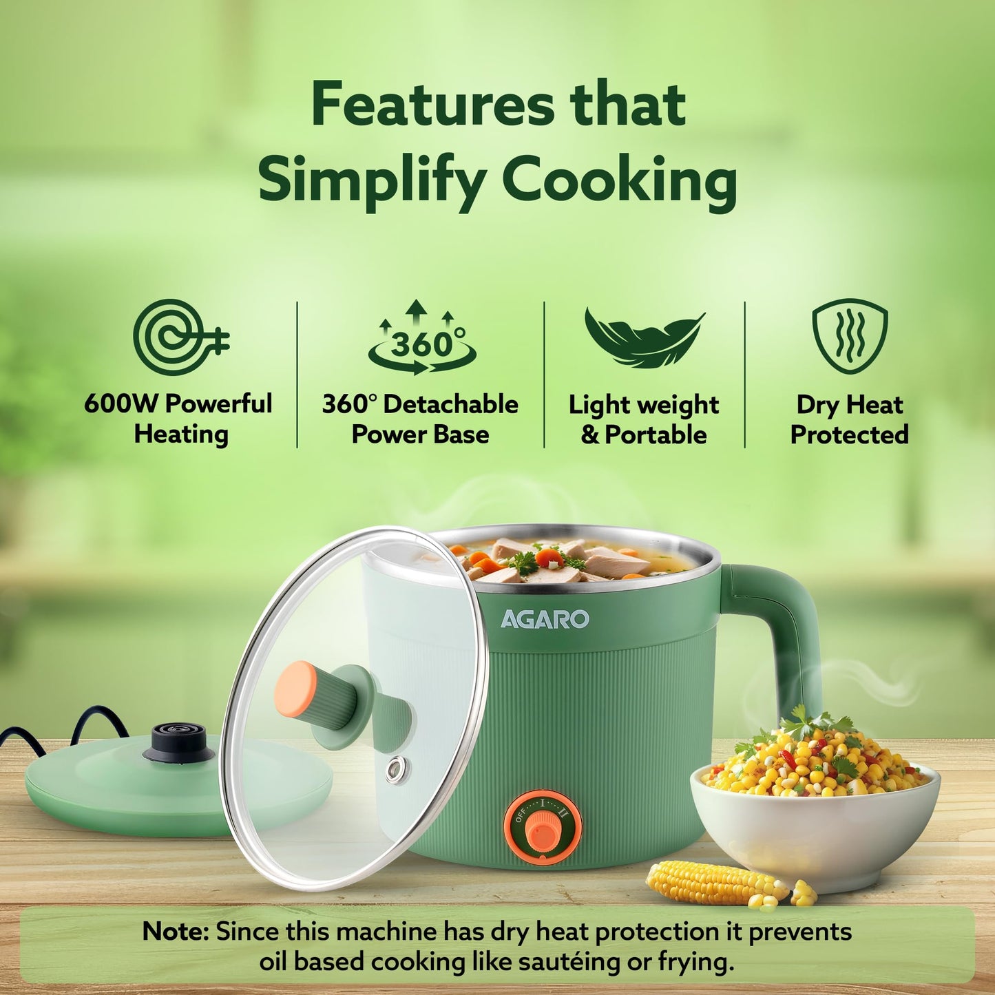AGARO Regency Multi Cook Kettle With Steamer, 1.2L Inner Pot, Double Layered Body, Variable Temperature Settings, Wide Mouth, Boiling, Steaming, Tea, Coffee, Egg, Vegetable Boiling, 600W, Sea Green
