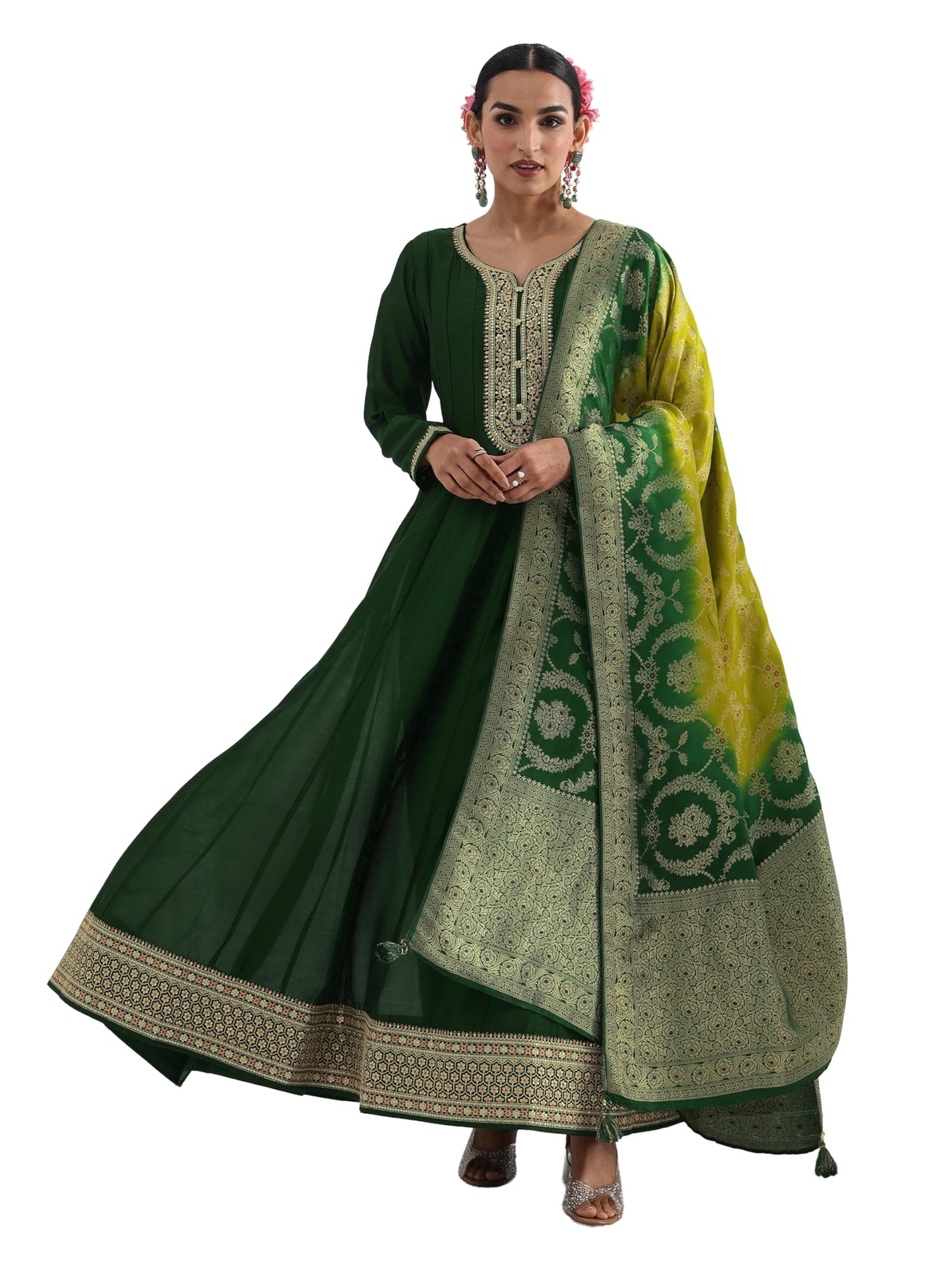 Libas Embroidered Silk Blend A-Line Ethnic Dress with Dupatta-93634XXL