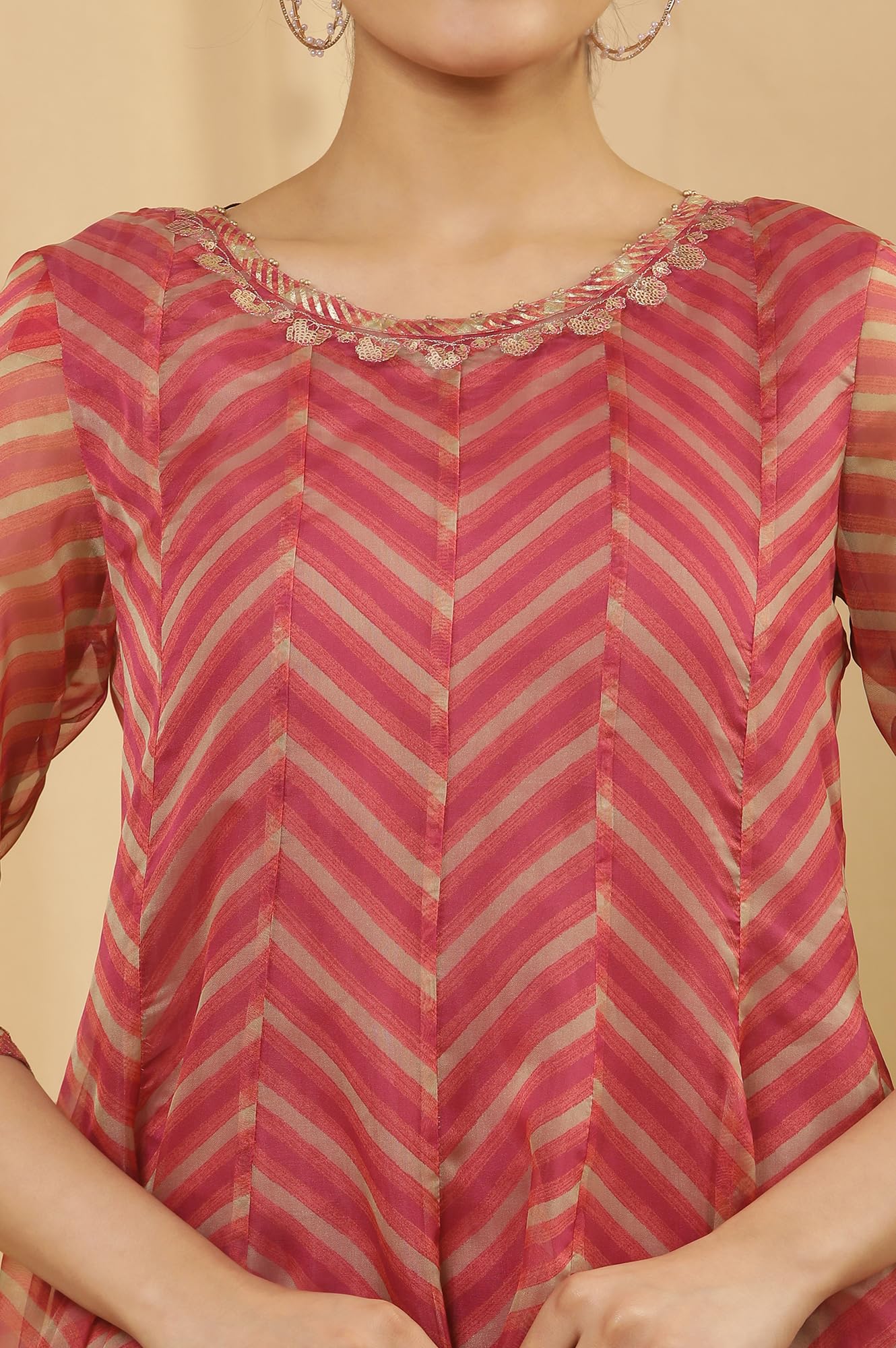 W for Woman Pink Festive Striped Print Organza Flared Kurta Set with Straight Pant_24FEWS19928-121974_XL