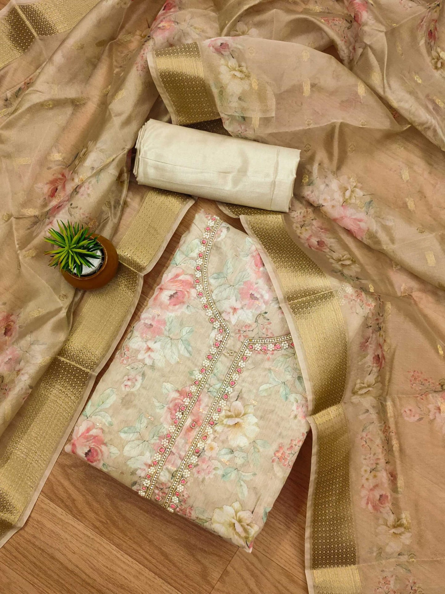 Pandadi Saree Women's Organza with Handwork Embellishments Salwar Suit Dress Material