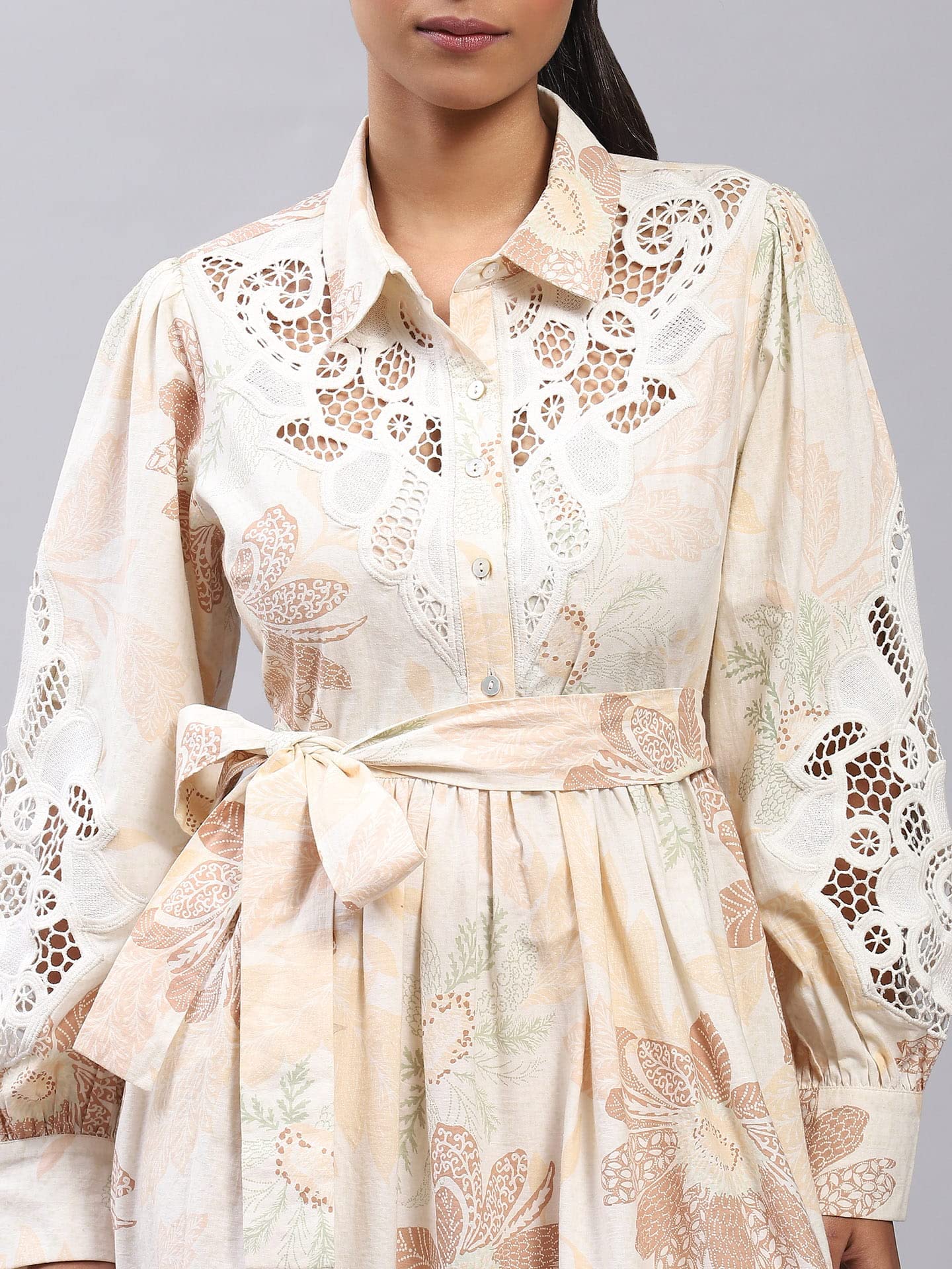 Label RITU KUMAR Ecru Embroidered Tie-Up Short Dress with Inner