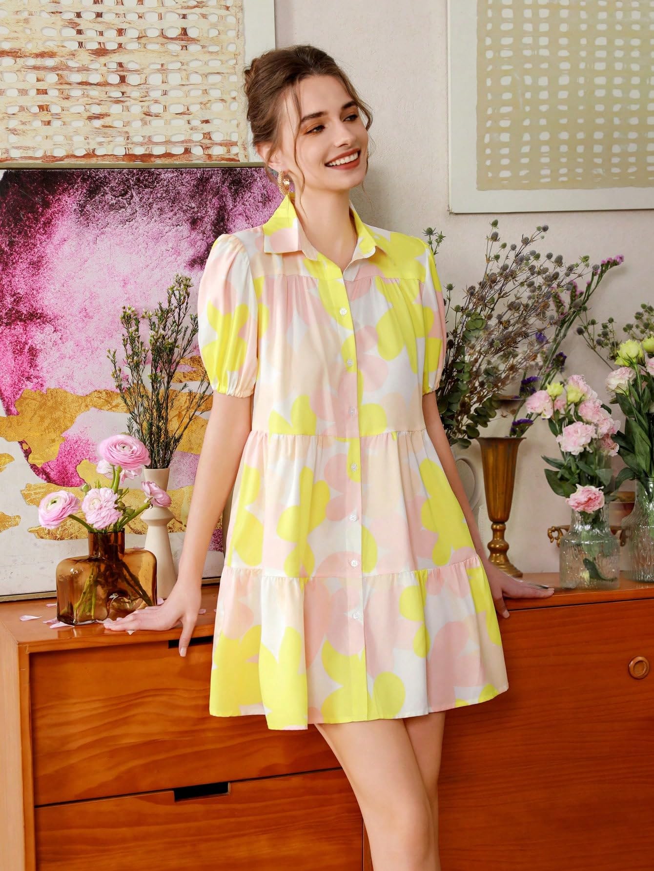 Shasmi Women's Yellow Flower Print Short Sleeve Button Front All-Over Printed Dresses, Ruffle Hem Smock Dress for Woman (161 Dress Yellow-S)