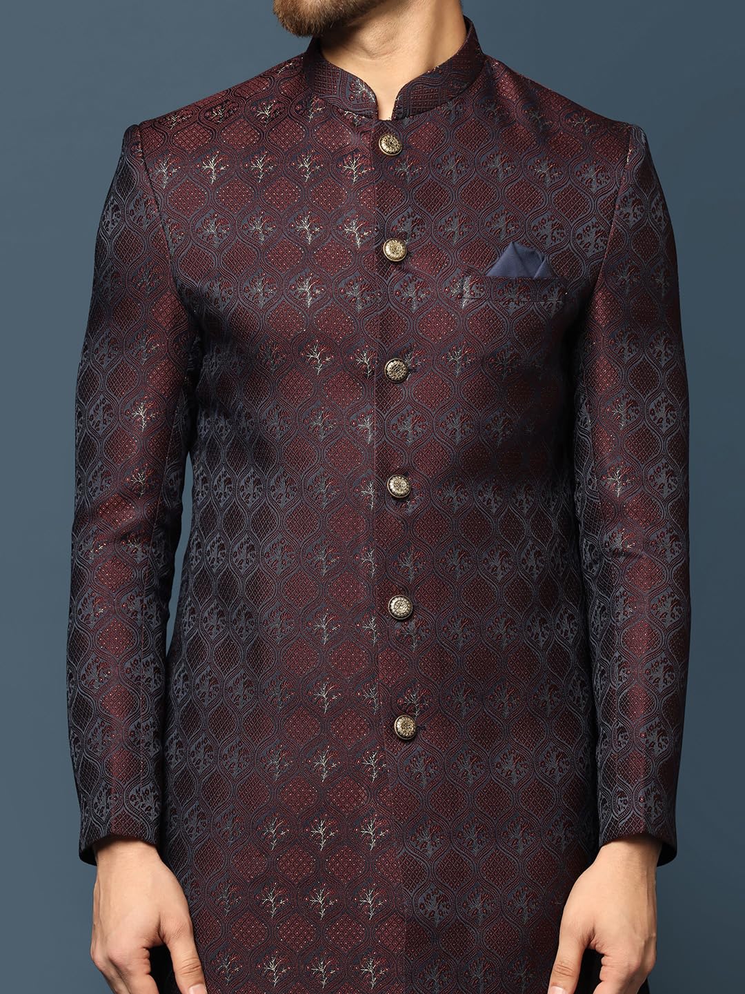 KISAH Men's Indo-Western Sherwani Churidar Set, Purple Cotton, Jacquard Mandarin Collar Regular Fit Long Sleeves (S)