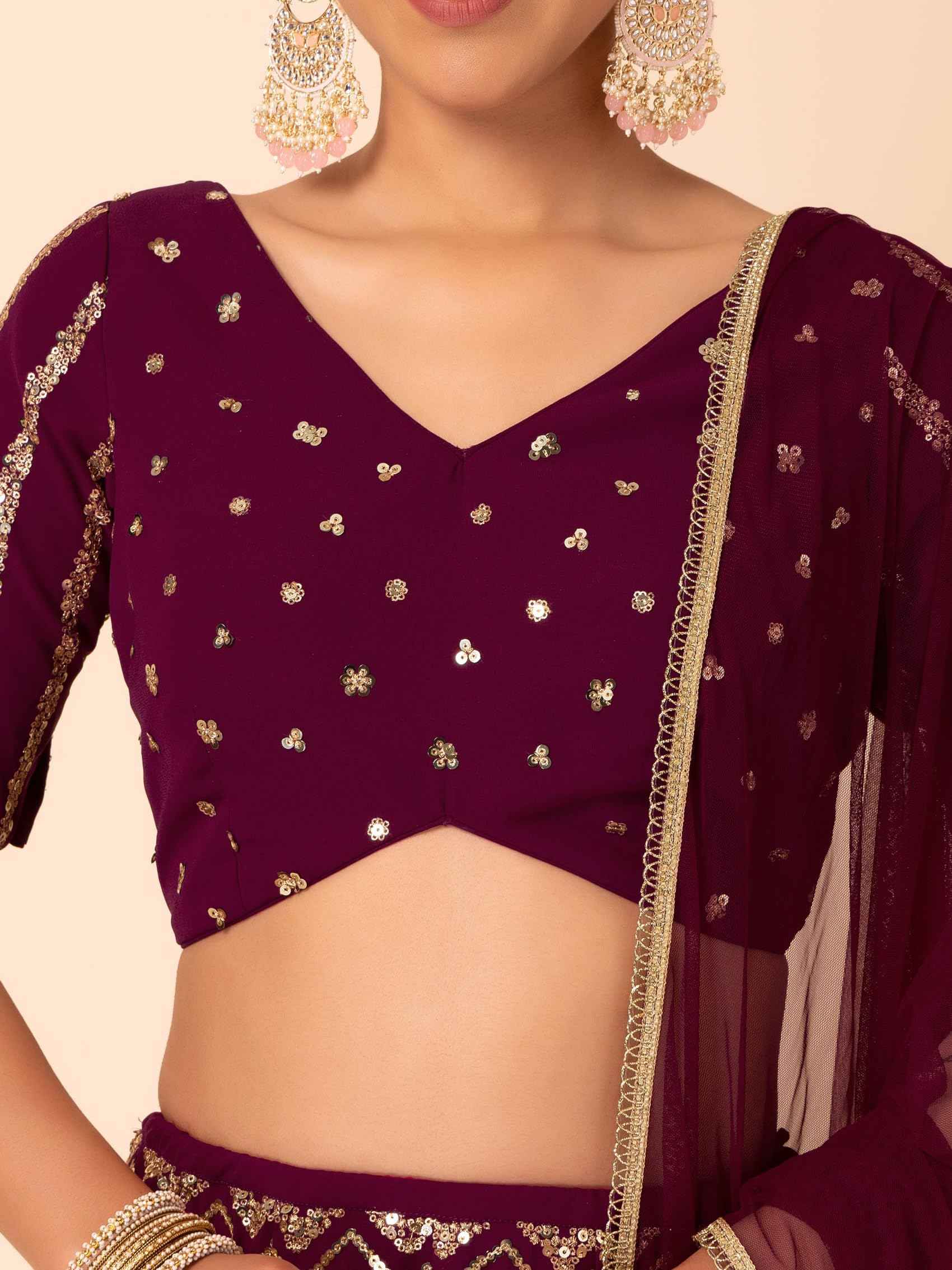 Zeel Clothing Women's Sequins Zari Embroidered Georgette Designer Semi Stitched Lehenga Choli With Dupatta (7094-Maroon-Womens-Lehenga-Choli-Latest; Free Size) (Maroon)