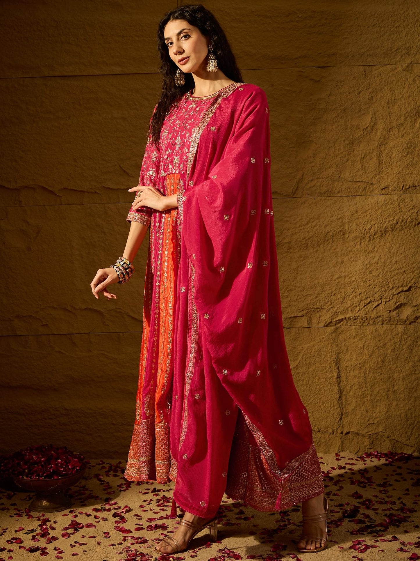 Miss Ethnik Women's Pink Chinon Stitched Gown With Dupatta 3/4 Sleeve Embroidered Anarkali Gown (MEY-1231-Pink-L)