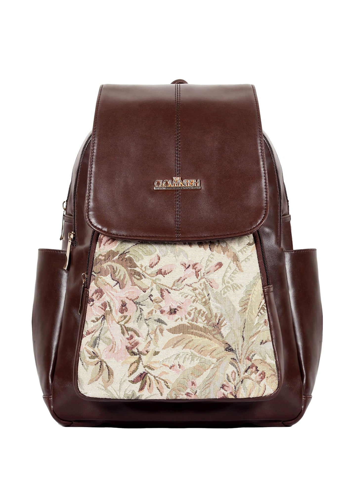 THE CLOWNFISH Minerva Faux Leather & Tapestry Women's Standard Backpack College School Bag Casual Travel Standard Backpack For Ladies Girls (Navyblue- Floral), 10 Litre