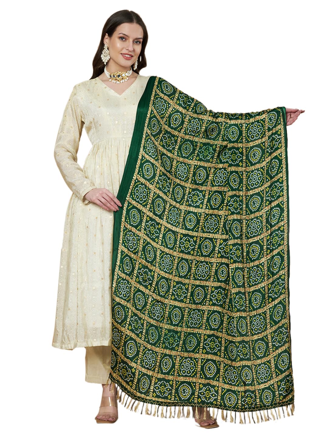 AKSHADEEP Women's Bandhani & Patola Printed Dupatta - Traditional Art Silk Dupattas Chunnis (Green), 2.20 Meters