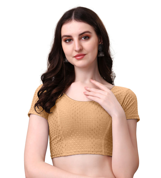 Kipzy Women's Cotton Stretchable Saree Blouse – Round Neck, Short Sleeves, Readymade Slim Fit Blouse for Women 40 Beige