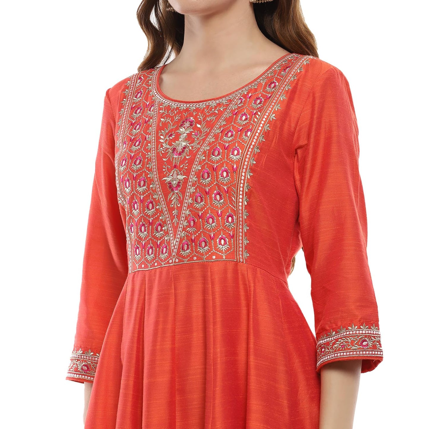 BIBA Women's Orange Polyester Blend Anarkali Suit Set (SKDTGLDWE9622AW24ORG