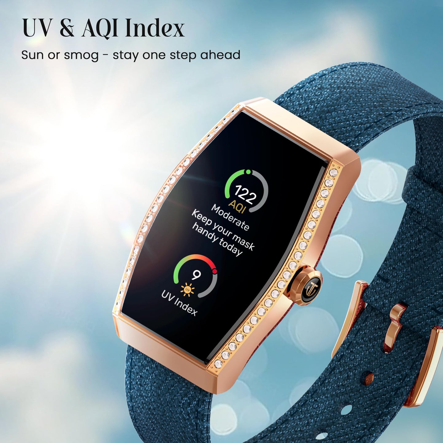 Titan Valerie Aura Women Smartwatch with 1.47 AMOLED Display,Crystal Studded Bezzel,Luna Wellness,UV/AQI Index,Animated Watchfaces,QR Hub,Stress Monitoring,Breathe Exercise,IP68-Teal Green