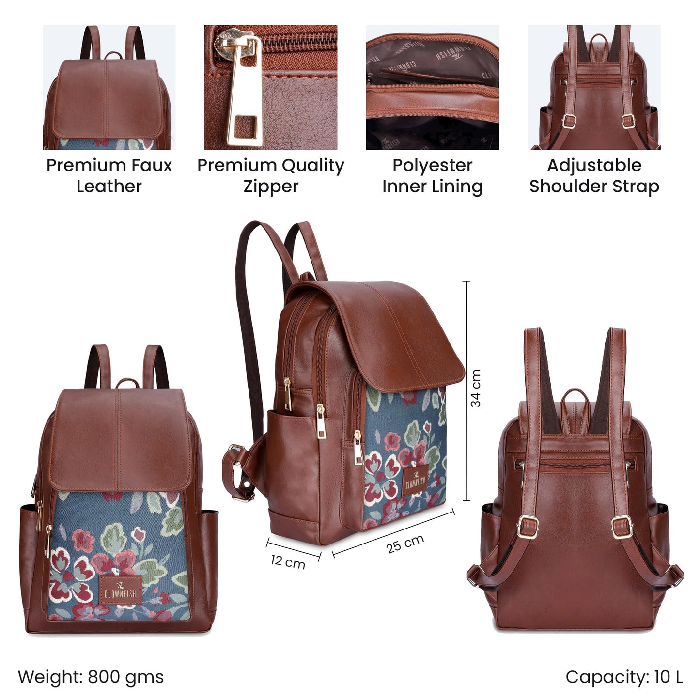 THE CLOWNFISH Minerva Faux Leather & Tapestry Women's Standard Backpack College School Bag Casual Travel Standard Backpack For Ladies Girls (Persian Blue- Floral), 10 Litre