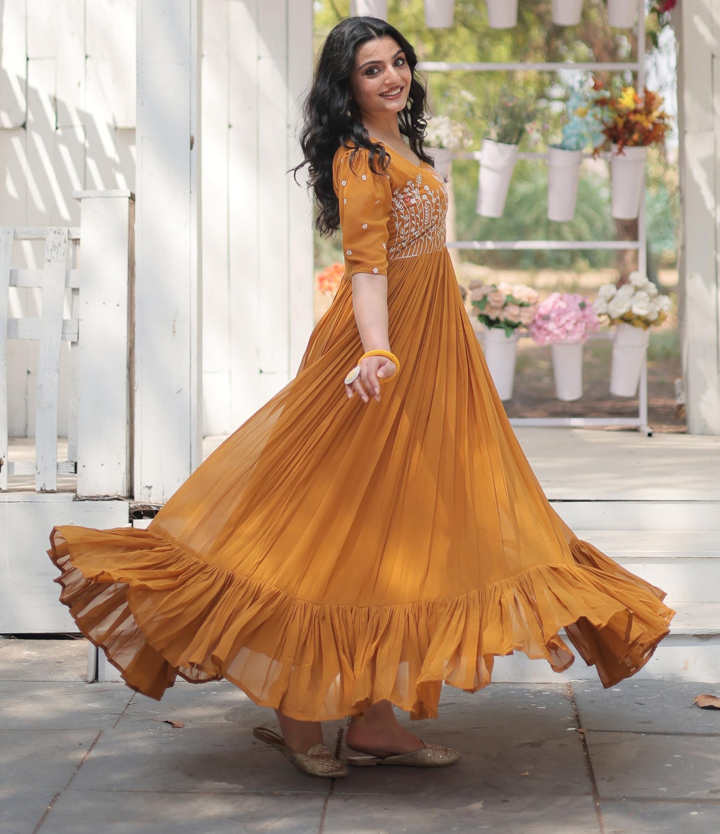 Fashion Basket Georgette Anarkali Gown with Sequins and Embroidery for Women with Long Sleeves (X-Large, Yellow)