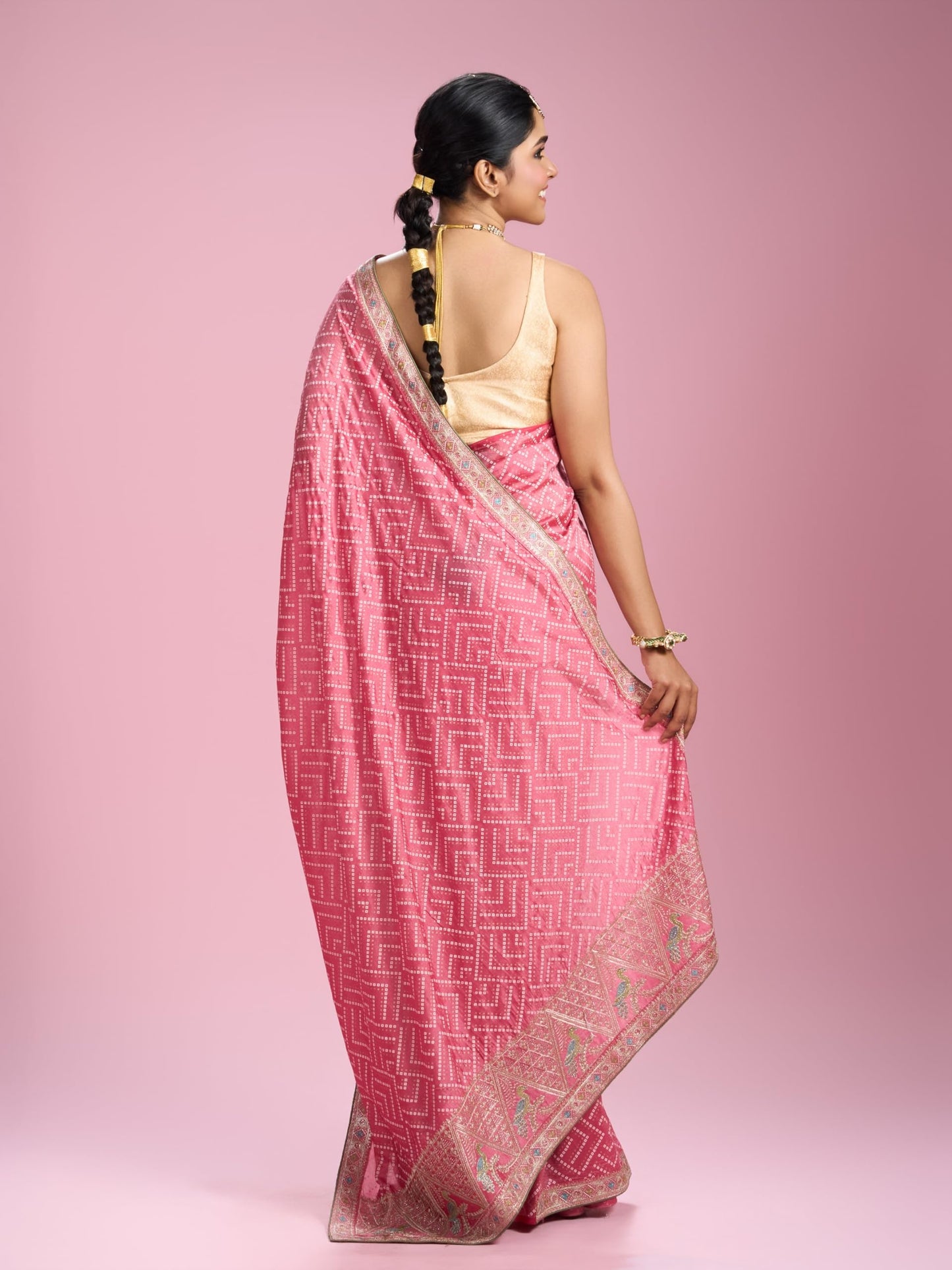 MOHEY Women's Chinon Printed, Stone Work, Thread Work, Zari Saree with Blouse Piece(Pink)