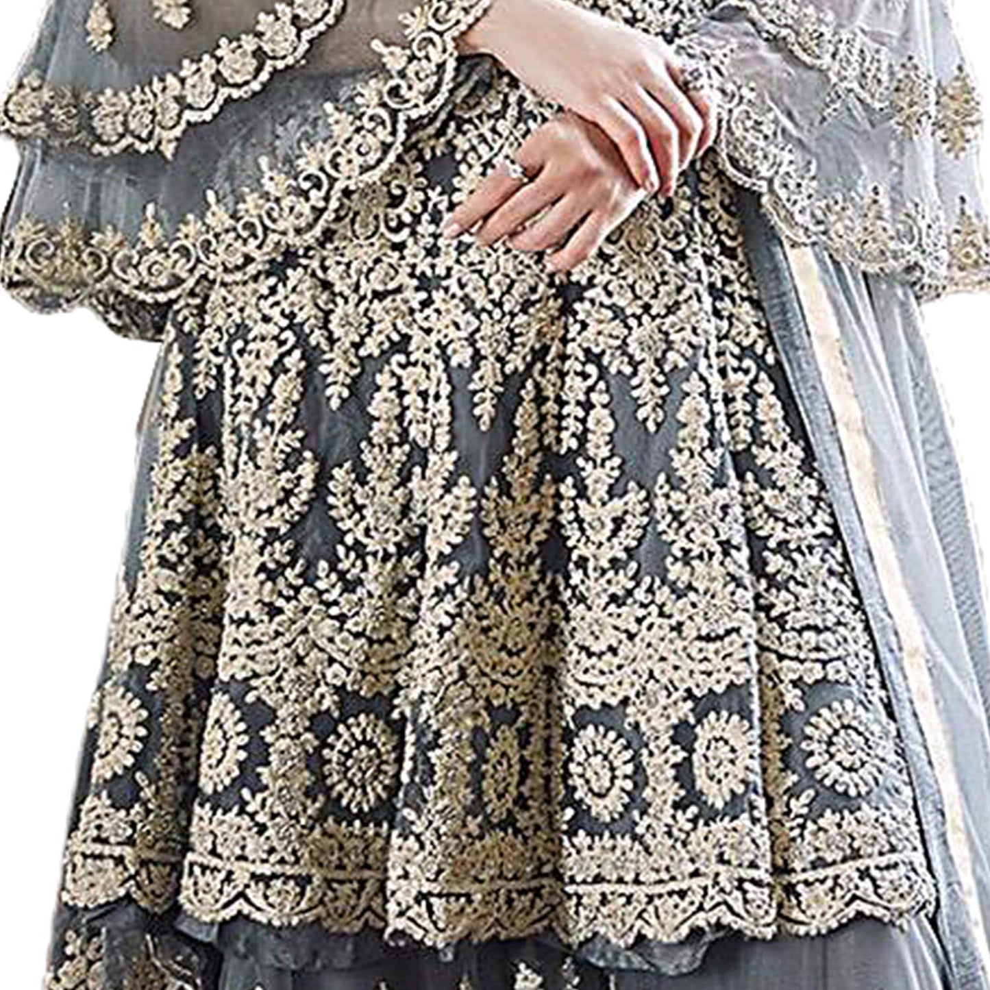 Miss Ethnik Women's Grey Semi Stitched Belly Sleeves Knee Long Gown With Palazzo And Net Duppata Free Size