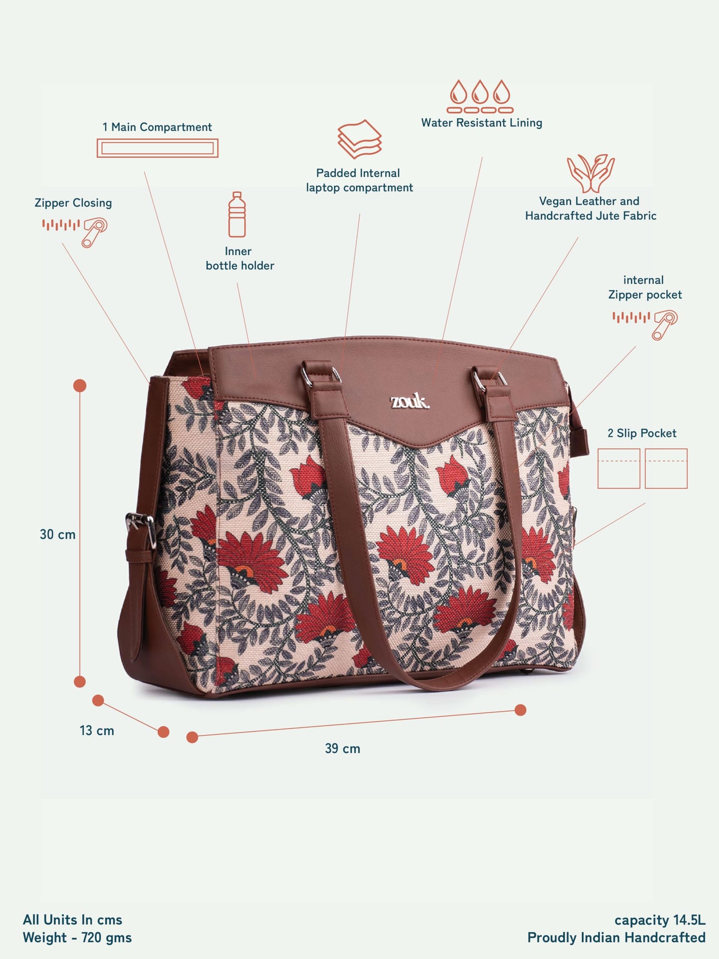 ZOUK Nawabi Couture Floral Printed Jute Vegan Leather Beige and red Women's Office Work Bag With Double Handles Strap