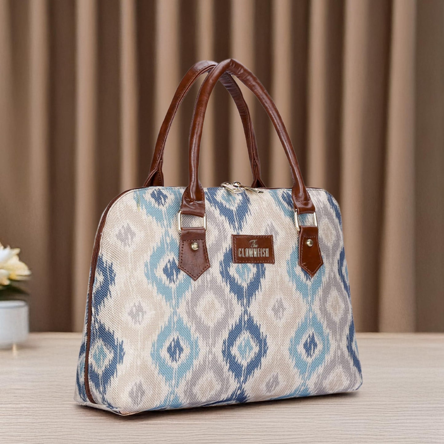 THE CLOWNFISH Montana Series Printed Handicraft Fabric & Faux leather Handbag for Women Office Bag Ladies Purse Shoulder Bag Tote For Women College Girls (Pearl with Patola Design)