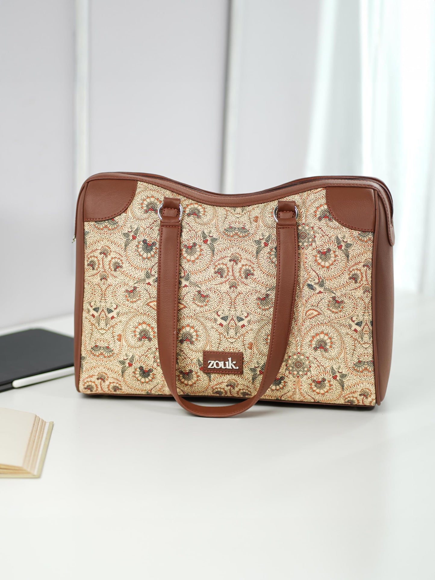 ZOUK Pedana Kalamkari Conference Office Bag | Jute | Vegan Leather Handcrafted Tote Bag Ideal for Work Office With Double Handle Straps | Yellow ochre