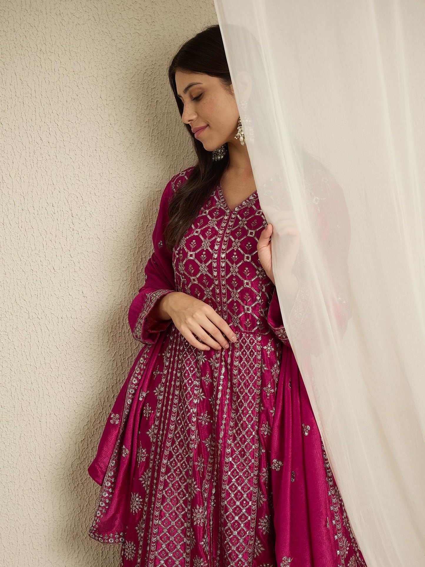 Miss Ethnik Women's Maroon Chinon Stitched Gown with Dupatta Full Sleeve Embroidered A-Line Gown (MEY-1236-Maroon-M)