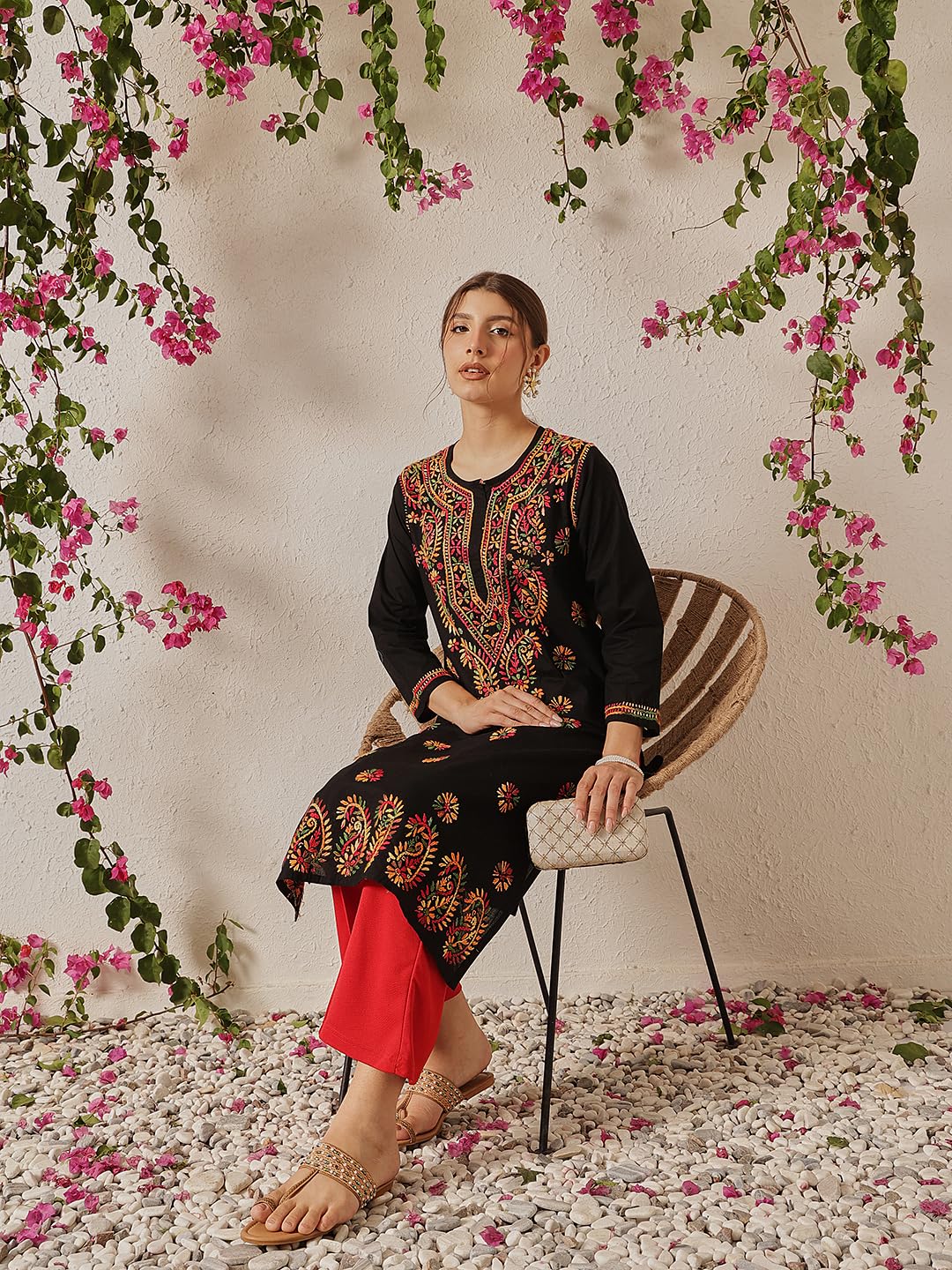 Ada Lucknowi Chikankari Hand Embroidered Straight Black Cotton Regular Fit Kurta Kurti Tunic for Women A188048 (XL)