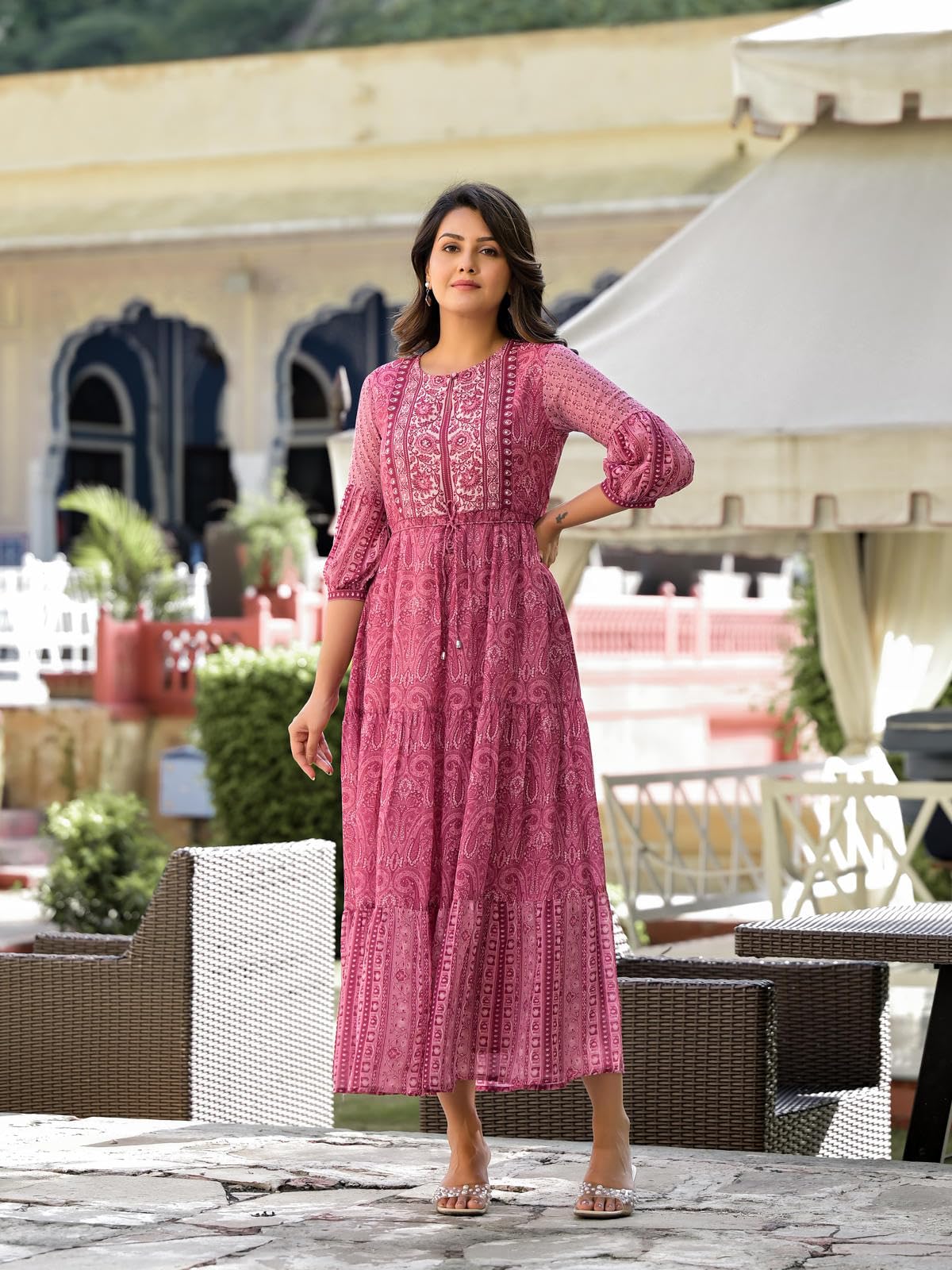 Juniper Onion Pink Ethnic Motif Printed Georgette Gathers Maxi Dress with Sequins & Doris