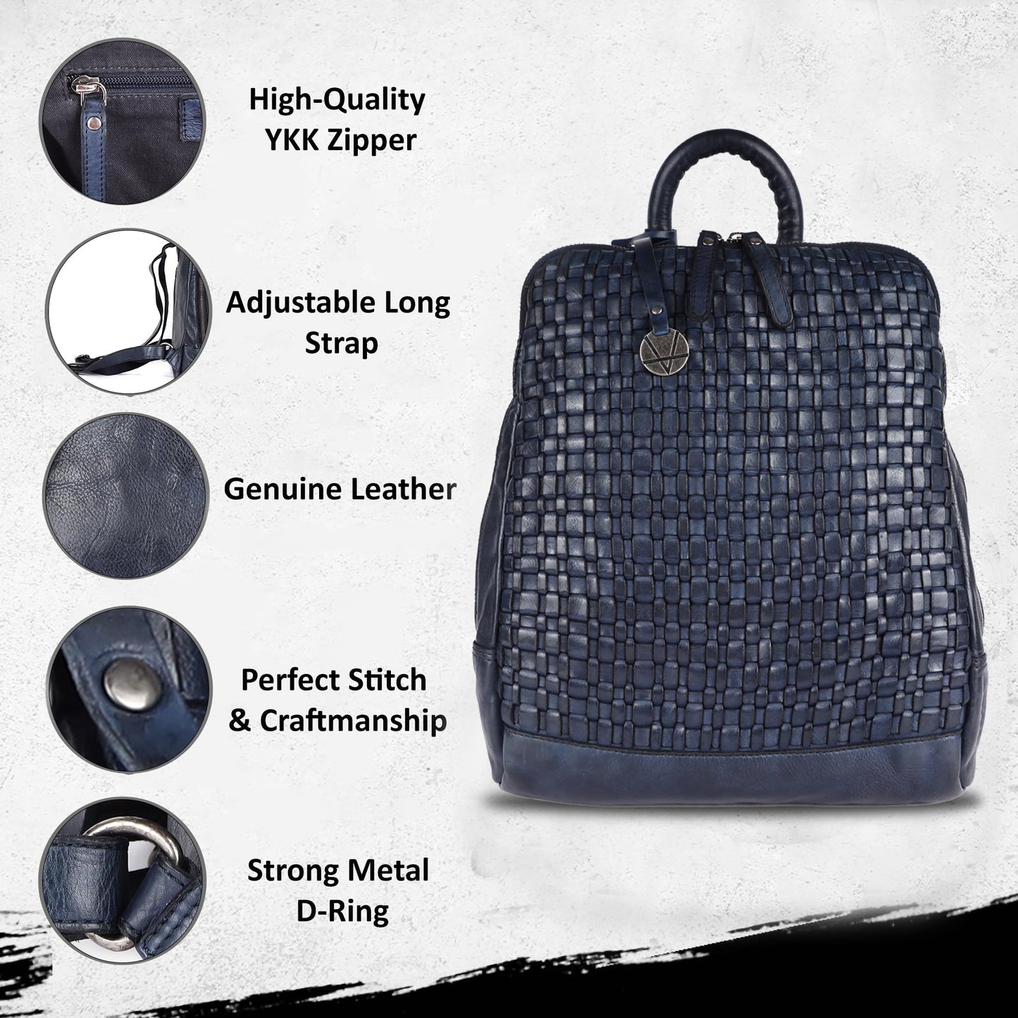 VILENCA HOLLAND 12.5 Inch Navy Blue Genuine Leather Backpack for Men,Casual Mini Backpack for Women Office Bag with Adjustable Shoulder Strap