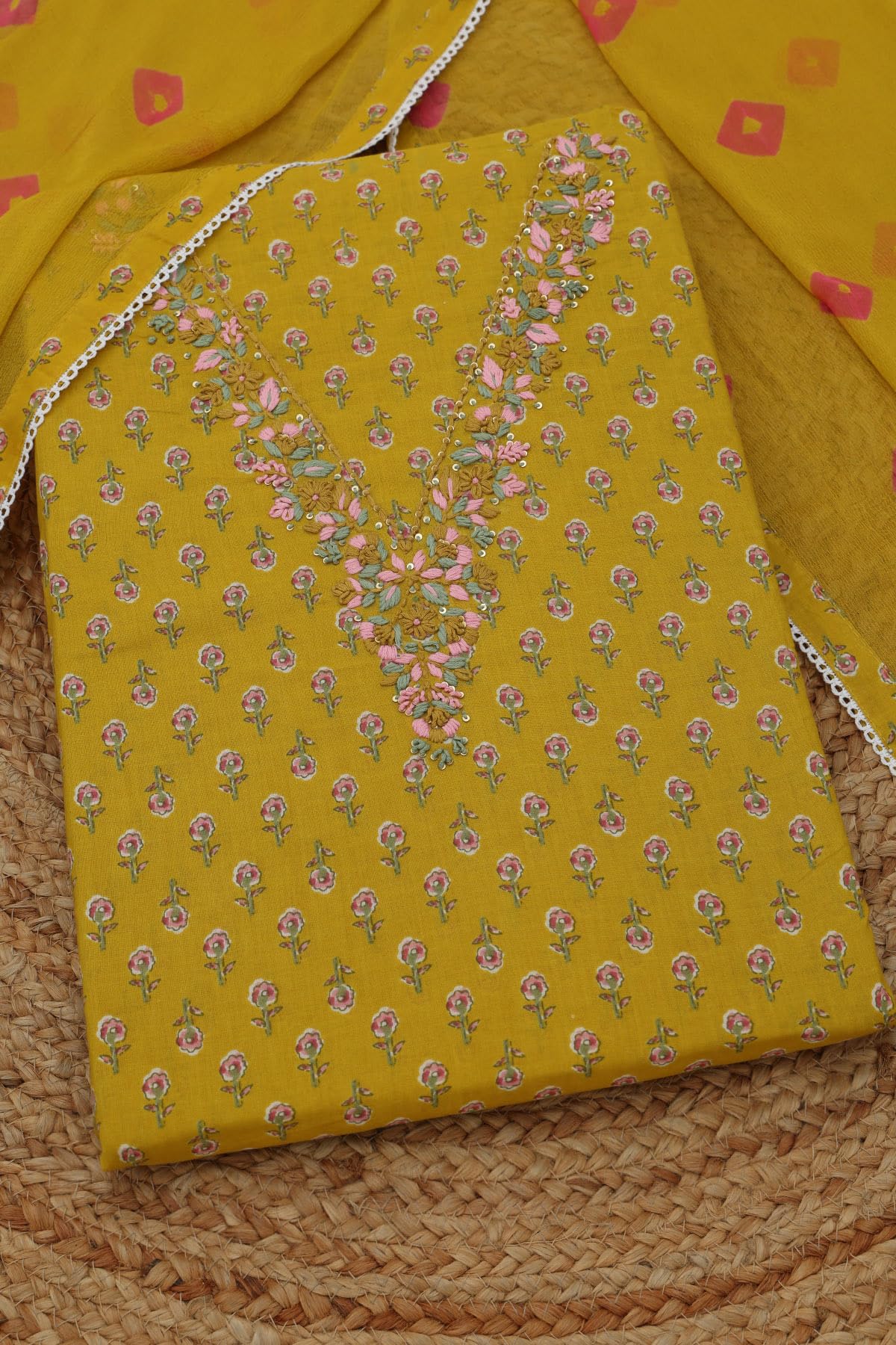 Soch Womens Mustard Cotton Floral Dress Material With Thread Work