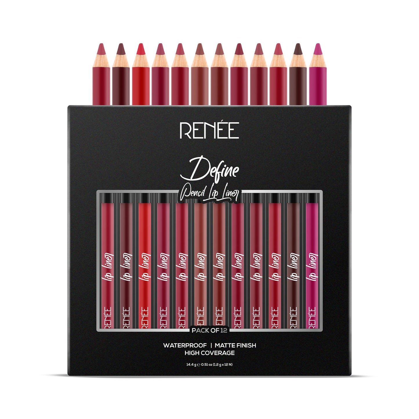 RENEE Define Matte Lip Liner, Long Lasting & Smudge Proof, Full Coverage, Intensely Pigmented, Easy Glide Formula, Vitamin E & Castor Oil Infused, Set of 12