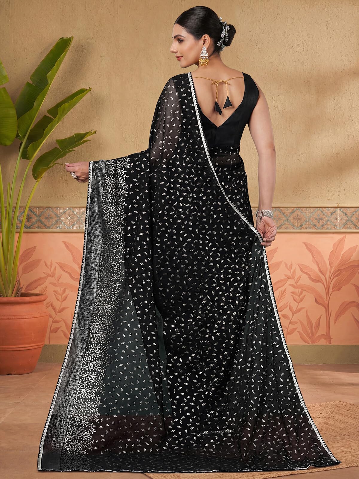SIRIL Women's Georgette Gota Lace Foil Printed Saree with Unstitched Blouse Piece (4647S438A_Black)