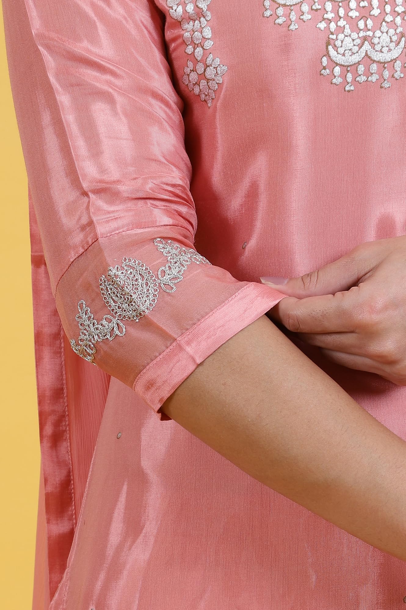 W for Woman Pink Printed Shantung Straight Kurta, Pants and Dupatta Set (Size: XL)-WS12305-112668