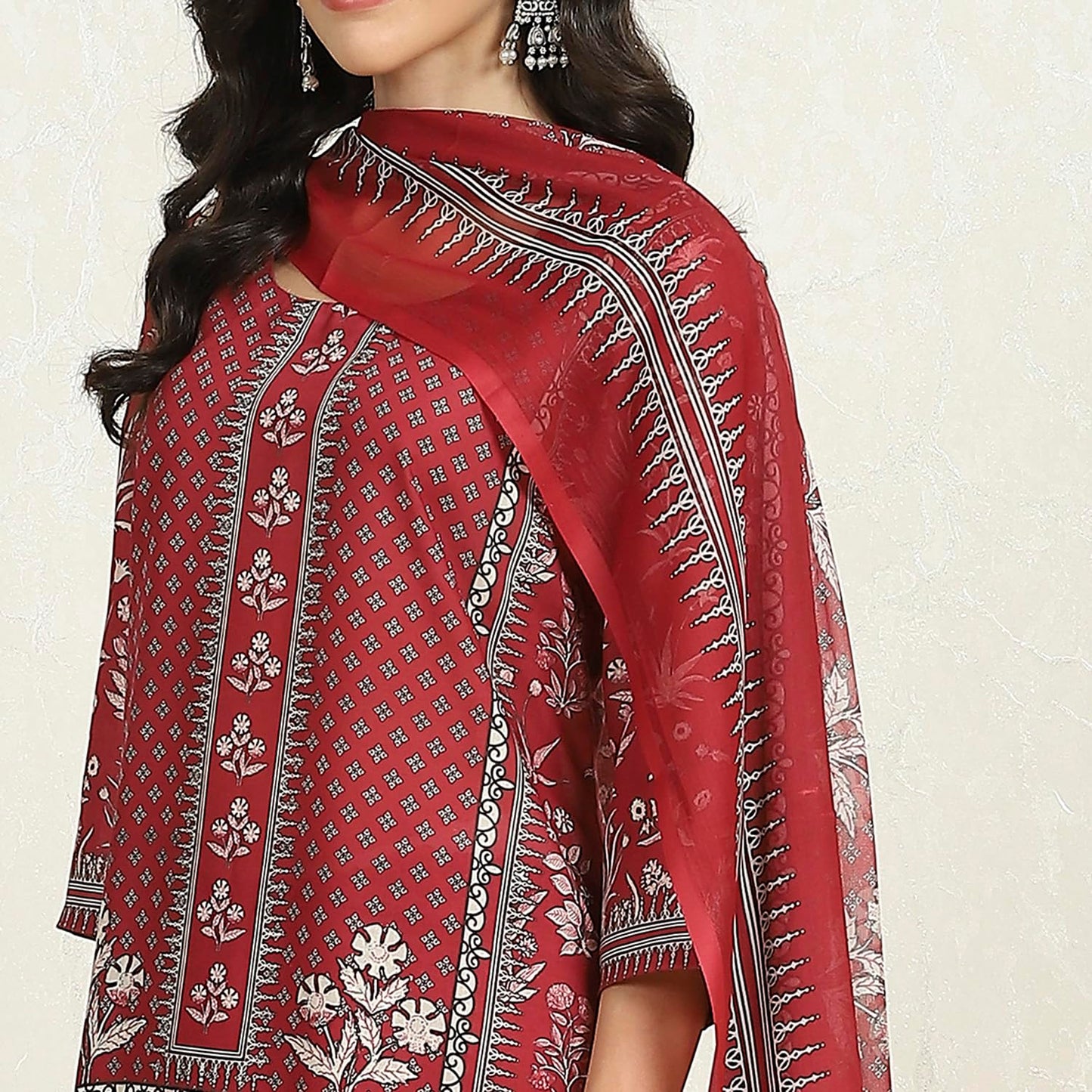 Biba Women Green-Maroon Cotton Unstitched Suit Set_Free Size