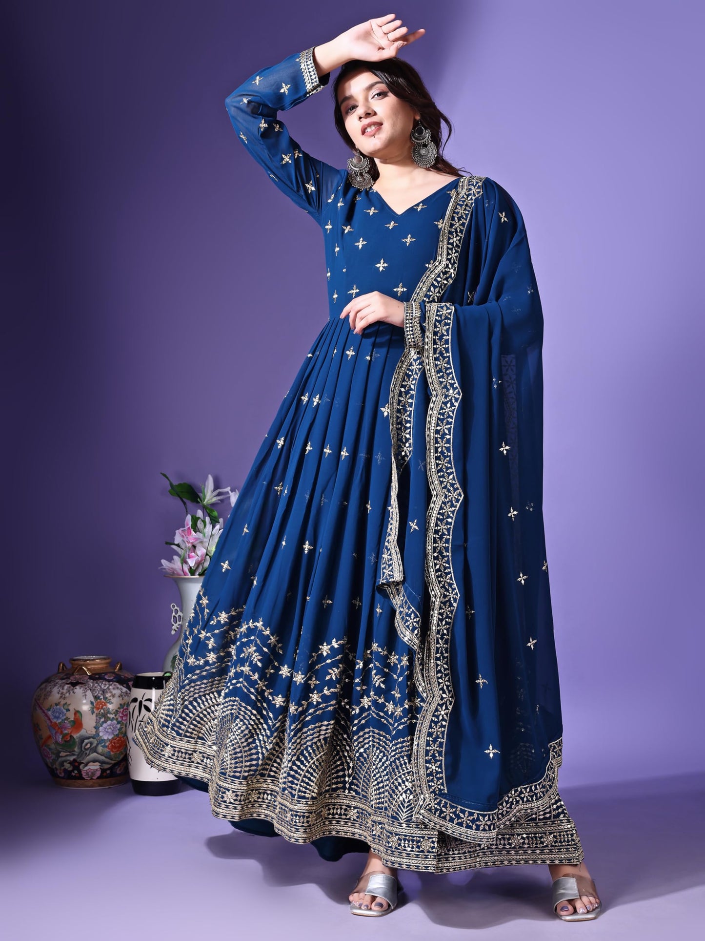 Fashion Basket Faux Georgette Sequins Anarkali Dress for Women (in, Alpha, 2XL, Regular, Turquoise)