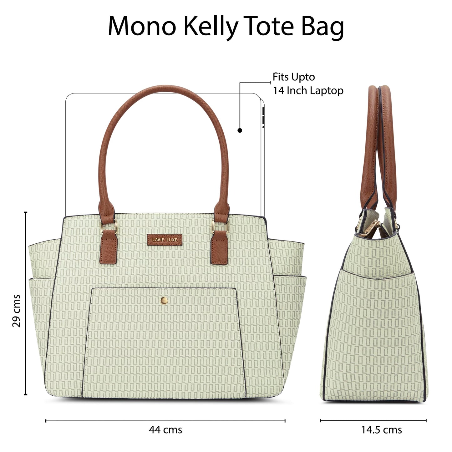 Lavie Luxe Women's Mono Kelly Monogram Print Tote Laptop Handbag for Women | Fits Upto 15 Inch Laptop | Tote Laptop Bag for Work | Ladies purse | Stylish Shoulder Bag | Gift For Women