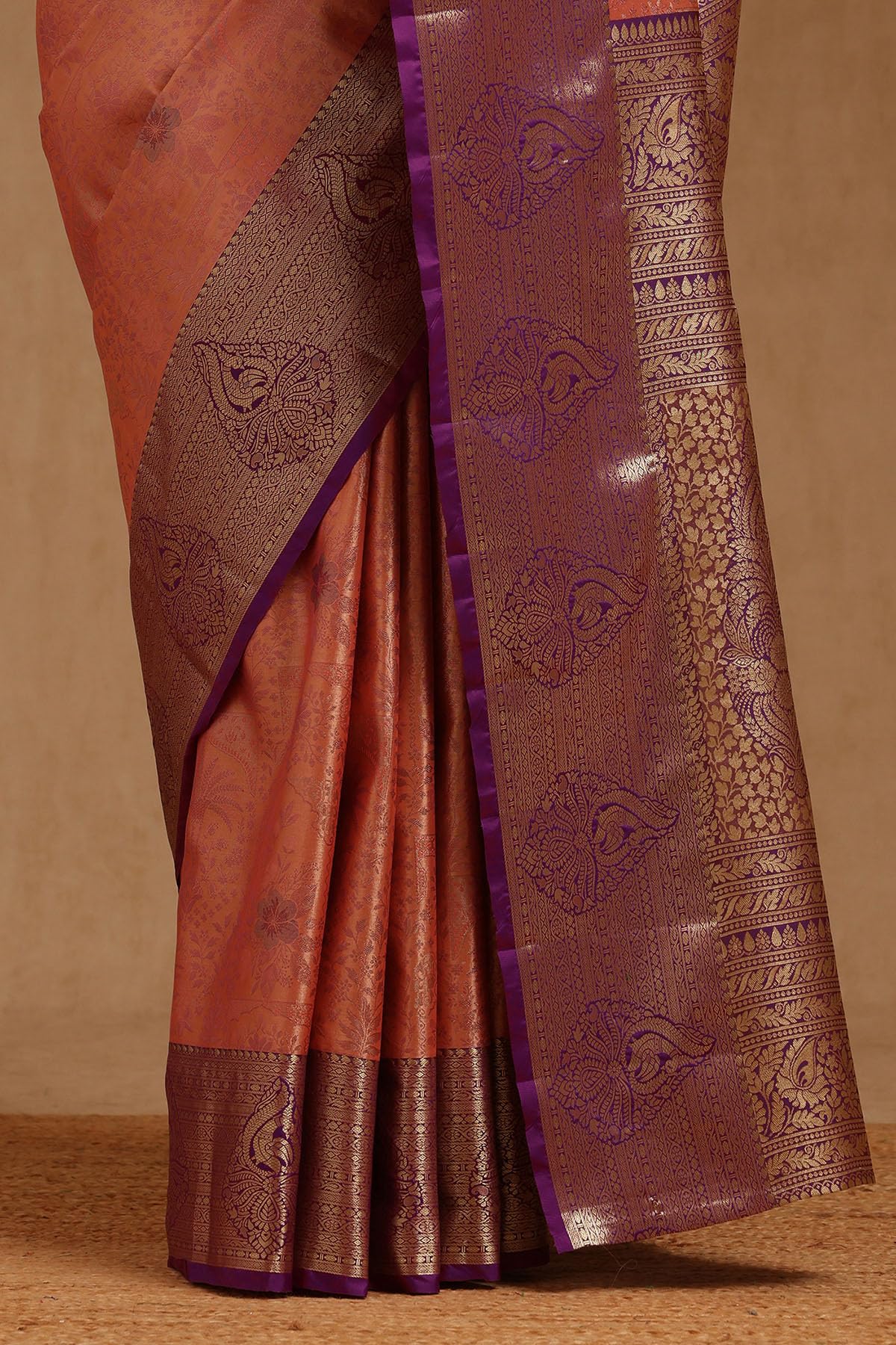 Soch Womens Peach Silk Blend Botanical Zari Woven Saree