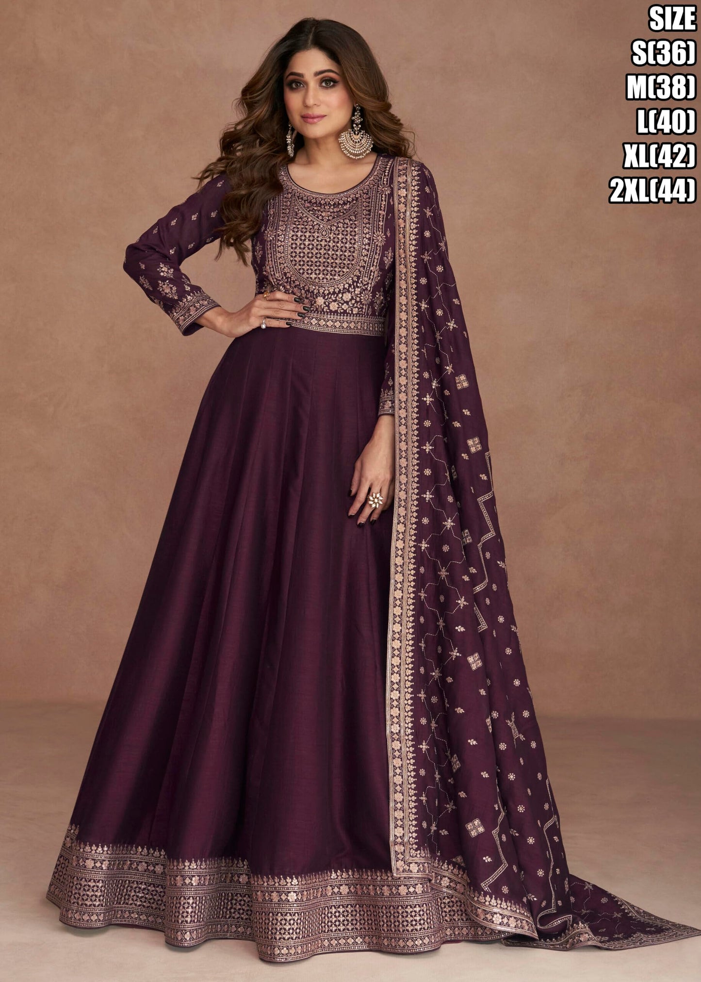 Anarkali Gown with Dupatta Set for Women, Chinon Fabric || Ethnic Gown (in, Alpha, 3XL, Regular, Dark Purple)