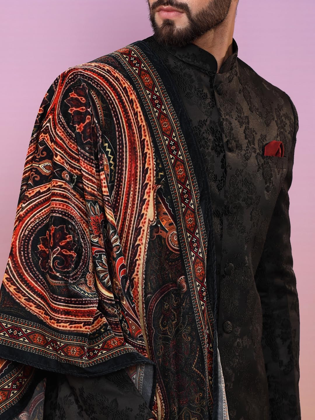 KISAH Indowestern Men's Casual Style Ethnic Wear Silk Blend Woven Design Regular Fit Black Indo-Western Sherwani Set Indo-Western