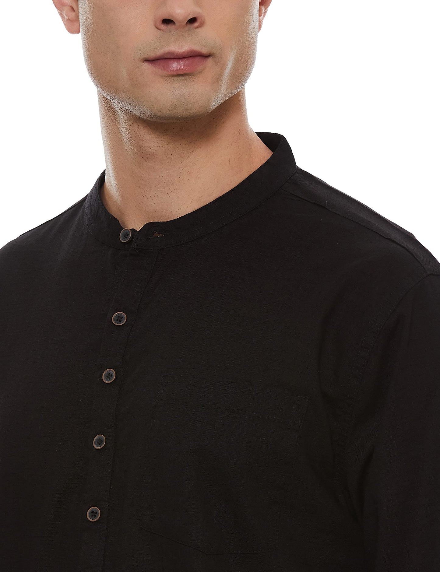 Max Men's Full Sleeves Mandarin Collar Solid Regular Fit Cotton Shirt Black