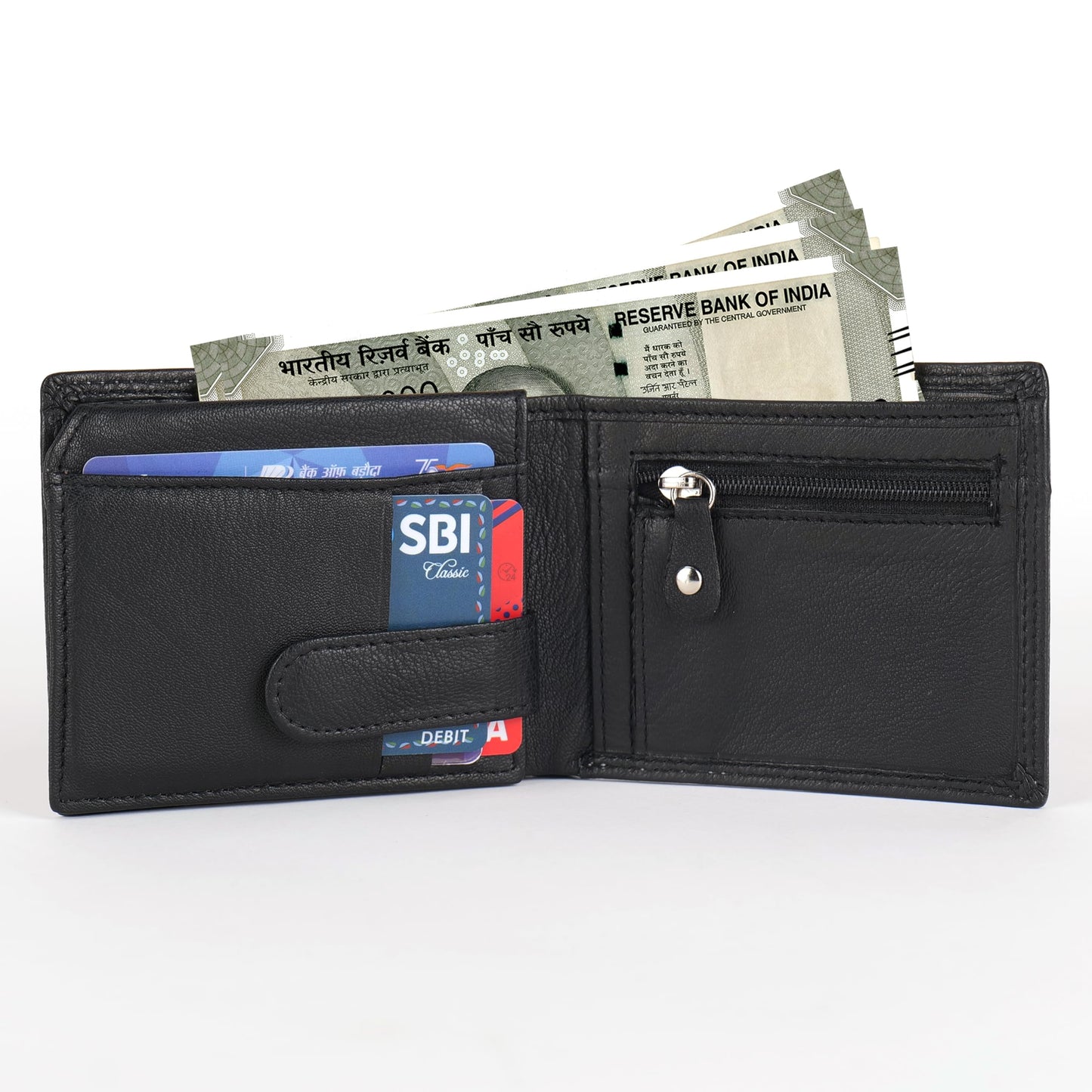 KARA Premium Men's Genuine Leather Wallet – Sleek Black with Zipper Coin Pocket, 2 Cash Compartments, 7 Card Slots & Transparent ID Slot