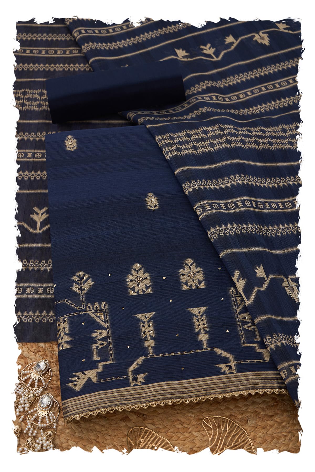 Soch Womens Navy Blue Chanderi Woven Design Unstitch Dress Material With Sequins